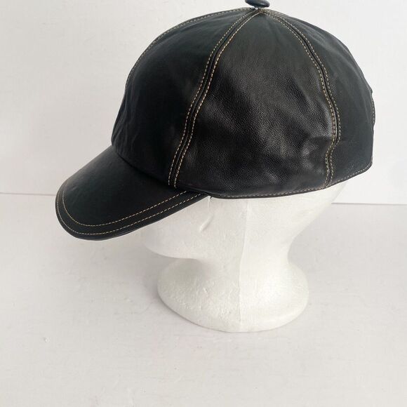All Leather Strap Back Adjustable Hat Black Biker Orange Stitch Baseball Lined - Picture 5 of 9